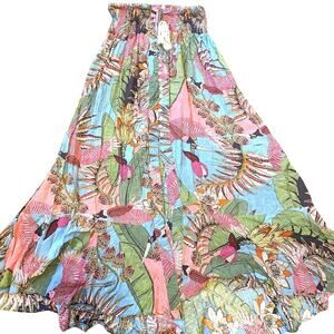 Y2K Tiered Peasant Skirt Maxi Women XS/S PullOn Elastic Boho Beach Tropical Bird